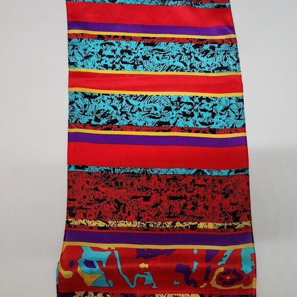 Bright Multicolor Abstract Pattern Silk Scarf With Red Teal Base Rectangle - Picture 5 of 8